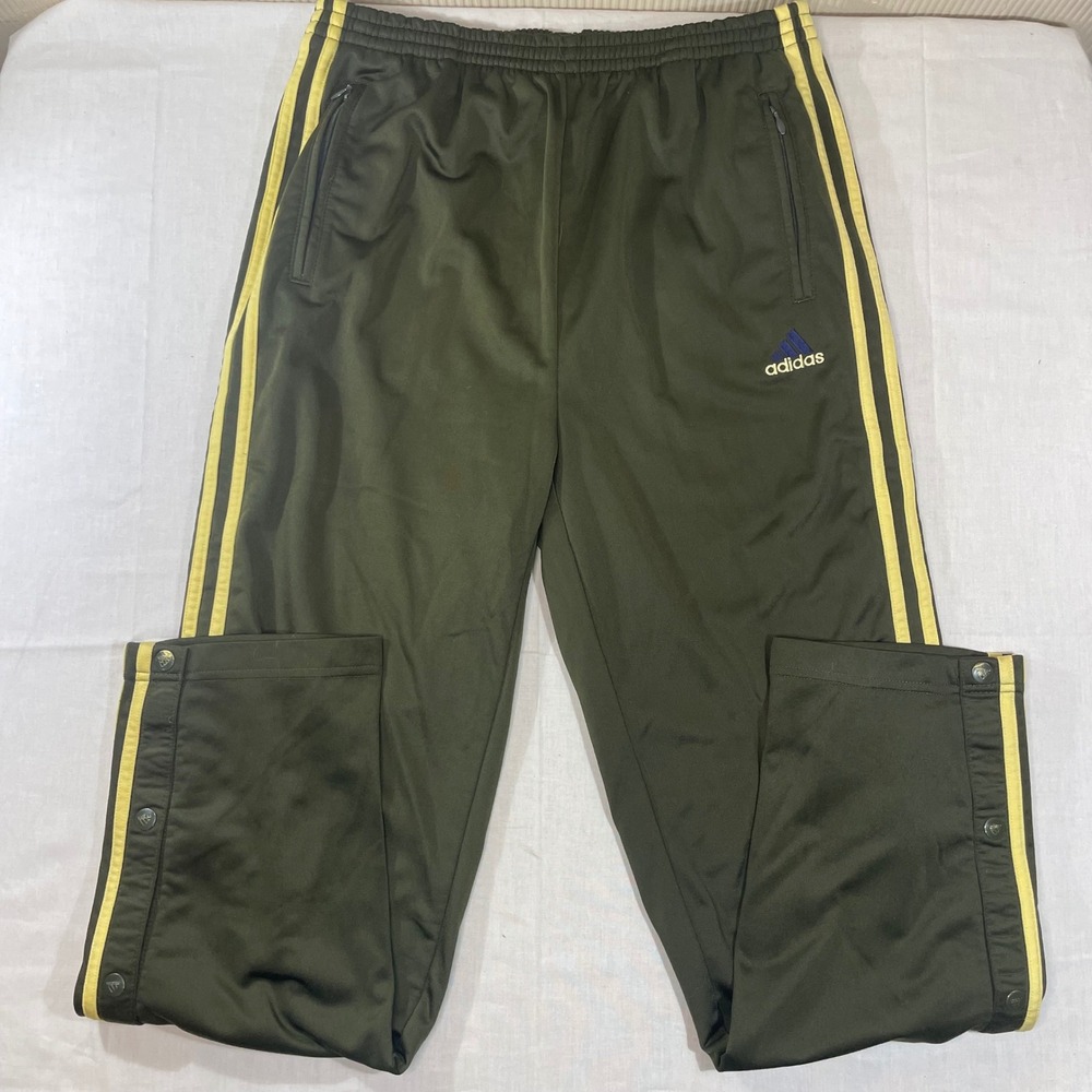 Adidas Mens M Olive Green Yellow Snap Button Breakaway 3-Stripes Track Pants